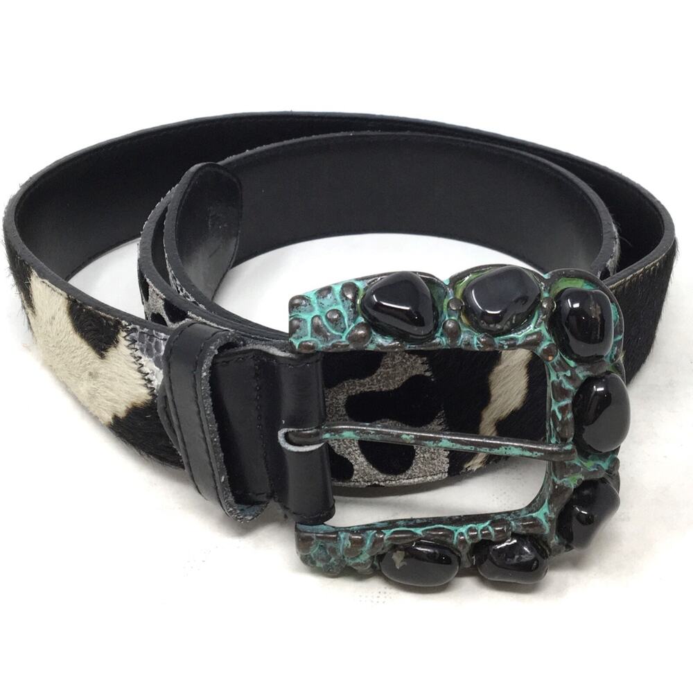 Nbel Women's Size Medium Aqua Metal Belt Buckle Black Stone Design Leather Belt